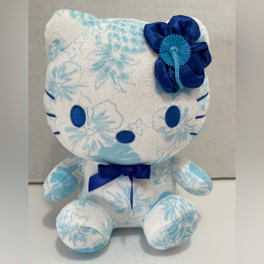 Hello Kitty Hawaii Plush Blue and White Plush with Bow 6”